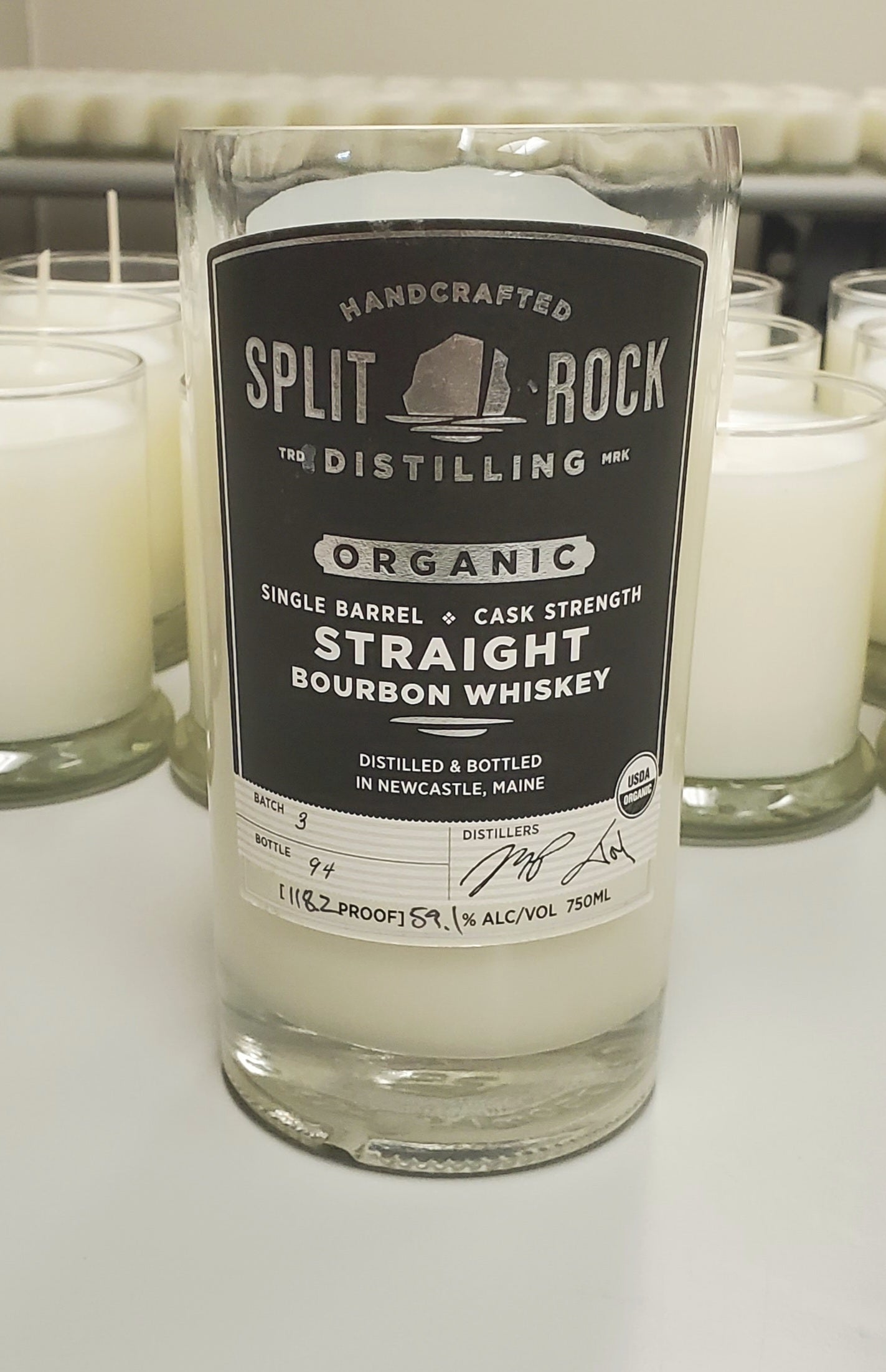 Send us your Bottle- we will cut it and pour you a fabulous soy candle!