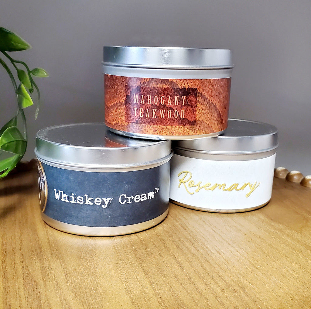 Spring Special: 8 oz Metal Tins seen at Whiskey Cake, The Ranch & Haywire- Whiskey Cream TM, Man Cave Tm, On the Rocks, Texas Twig & Rosemary